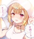  1girl :d bare_shoulders blonde_hair blush breasts choker collarbone crescent crescent_hair_ornament eyebrows_visible_through_hair hair_ornament hairclip heterochromia hoshikawa_sara jewelry long_hair medium_breasts nijisanji open_mouth pendant red_eyes simple_background smile solo tank_top virtual_youtuber white_tank_top yellow_eyes zky_(oekaky) 
