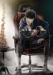  1boy black_hair black_jacket black_legwear black_neckwear chair commentary dark_background dumbbell esojima_gary gradient gradient_background highres jacket lifting looking_at_viewer mash_burnedead mashle necktie red_neckwear serious shirt shoes short_hair sitting solo white_shirt yellow_eyes 