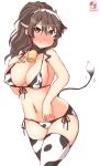  1girl alternate_costume animal_ears animal_print artist_logo ashigara_(kancolle) bell bikini blush breasts brown_eyes brown_hair commentary_request covered_nipples cow_ears cow_horns cow_print cow_tail cowbell cowboy_shot dated fake_animal_ears fake_horns fang highres horns kanon_(kurogane_knights) kantai_collection large_breasts long_hair looking_at_viewer nose_blush one-hour_drawing_challenge side-tie_bikini simple_background solo swimsuit tail wavy_hair white_background white_bikini white_legwear 