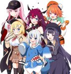  6+girls :d absurdres animal_hood aqua_hair black_headwear black_legwear blonde_hair blue_eyes blue_hair book breasts cape collarbone deerstalker detached_sleeves english_commentary fang felutiahime fish_tail fried_chicken gawr_gura grin hair_ornament hat height_difference heterochromia highres holding holding_book hololive hololive_english hood irys_(hololive) long_hair looking_at_viewer magnifying_glass medium_hair monocle_hair_ornament mori_calliope multicolored_hair multiple_girls ninomae_ina&#039;nis open_mouth orange_hair pink_eyes pink_hair ponytail purple_hair shark_hood shark_tail sharp_teeth sleeves_past_fingers sleeves_past_wrists smile syringe syringe_holster tail takanashi_kiara teeth thigh-highs two-tone_hair violet_eyes virtual_youtuber watson_amelia white_background 