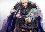  1boy 1girl amu_(nsk0) aqua_hair armor bangs black_eyepatch blonde_hair blue_cape breastplate byleth_(fire_emblem) byleth_eisner_(female) cape closed_eyes closed_mouth cowboy_shot dimitri_alexandre_blaiddyd eyepatch fire_emblem fire_emblem:_three_houses fur_collar gauntlets hair_between_eyes hand_grab holding_another one_eye_covered short_hair simple_background white_background 