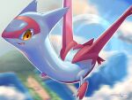  animal_focus artist_name blue_sky claws clouds commentary_request day dragon flying full_body gen_3_pokemon happy highres latias legendary_pokemon looking_down midair motion_blur no_humans open_mouth orange_eyes outdoors outline pokemon pokemon_(creature) rio_(user_nvgr5434) shiny shiny_skin sideways_mouth signature sky smile solo white_outline wings 