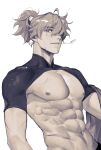  1boy abs ahoge bangs genshin_impact greyscale hair_between_eyes hair_over_one_eye high_ponytail highres k_young03 kazuha&#039;s_friend_(genshin_impact) male_focus monochrome mouth_hold muscular muscular_male nipples ponytail scar scar_on_chest shrug_(clothing) simple_background solo sweat upper_body 