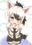  1girl aardwolf_(kemono_friends) aardwolf_ears aardwolf_print aardwolf_tail animal_ears animal_print arms_behind_back bangs bare_shoulders black_hair black_neckwear black_shorts blue_eyes blush breast_pocket collared_shirt elbow_gloves extra_ears eyebrows_visible_through_hair eyes_visible_through_hair fang gloves hair_between_eyes head_tilt high_ponytail highres kemono_friends leaning_forward legwear_under_shorts long_hair multicolored_hair necktie open_mouth pantyhose piki_(zuru-pikio) pocket print_gloves print_legwear print_shirt shirt short_shorts shorts sleeveless sleeveless_shirt solo tail two-tone_hair white_hair wing_collar 