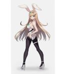  1girl animal_ears ass black_legwear blonde_hair blush breasts from_behind gem head_tilt headpiece high_heels highres large_breasts leotard long_hair mythra_(xenoblade) pantyhose playboy_bunny pretty_mundane rabbit_ears silver_footwear simple_background smile standing tiara two-tone_background white_leotard xenoblade_chronicles_(series) xenoblade_chronicles_2 yellow_eyes 