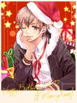  1girl androgynous black_jacket bow brown_eyes christmas christmas_present collared_shirt fur-trimmed_jacket fur_trim happy_birthday hat hibiki_reine jacket light_brown_hair lips long_sleeves looking_at_viewer maria-sama_ga_miteru merry_christmas red_bow red_ribbon ribbon santa_hat satou_sei shirt short_hair sitting smile solo striped striped_ribbon white_shirt 