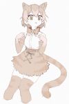  1girl :p animal_ear_fluff animal_ears bangs bow bowtie brown_eyes brown_theme cat_(kemono_friends) cat_ears cat_girl cat_tail collar cropped_legs elbow_gloves extra_ears gloves hair_between_eyes highres kemono_friends kona_ming light_brown_hair limited_palette looking_at_viewer paw_pose short_hair simple_background skirt solo tail thigh-highs tongue tongue_out white_background zettai_ryouiki 