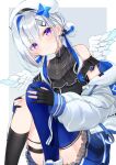  1girl amane_kanata angel_wings asymmetrical_bangs asymmetrical_legwear bangs bare_shoulders beret black_dress black_gloves black_legwear blue_hair blue_legwear blue_wings blush closed_mouth colored_inner_hair dress feathered_wings gloves gradient gradient_dress gradient_wings hair_ornament hair_over_one_eye hair_rings hairclip hat head_tilt highres hololive hugging_own_legs jacket jewelry kneehighs long_hair long_sleeves looking_at_viewer low_twintails mashiro_inori mini_wings mismatched_legwear multicolored multicolored_hair multicolored_wings necklace off-shoulder_jacket off_shoulder partially_fingerless_gloves pleated_dress puffy_long_sleeves puffy_sleeves short_dress silver_hair single_hair_intake single_kneehigh single_thighhigh sleeveless sleeveless_dress smile solo star_(symbol) star_necklace thigh-highs thigh_strap twintails uneven_legwear v-shaped_eyebrows violet_eyes virtual_youtuber white_headwear white_jacket white_wings wings 