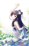  1girl bangs black_hair chinese_commentary commentary_request dress flower foliage highres in_water legs long_hair looking_at_viewer revdol sidelocks smile solo violet_eyes water white_dress zzt_(zztsama) 