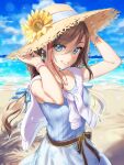  1girl bangs beach blue_eyes bracelet brown_hair dress flower grin hair_between_eyes hat highres jewelry kurusu_natsume letta_illust multicolored_hair necklace nijisanji outdoors redhead smile solo streaked_hair sun_hat sweater_around_neck virtual_youtuber 