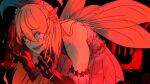  1girl artist_name bangs bare_shoulders black_background blonde_hair bow butterfly_hair_ornament commentary crazy fairy fairy_wings flower gloves hair_bow hair_flower hair_ornament hairband highres horror_(theme) hunched_over long_hair looking_at_viewer nijisanji nijisanji_en open_mouth pace_argonaut_(artist) pointy_ears pomu_rainpuff red_theme skirt smile solo virtual_youtuber wings 