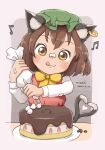  1girl :3 :q animal_ear_fluff artist_name blush brown_hair cake chen dated earrings food green_headwear grey_background hat heart heart_tail highres holding jewelry looking_down misakili mob_cap musical_note red_skirt red_vest short_hair simple_background single_earring skirt solo tail tongue tongue_out touhou vest yellow_eyes 