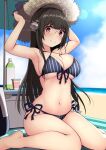 1girl armpits arms_up bare_arms bare_legs bare_shoulders barefoot beach beach_umbrella bikini black_hair blue_sky blush bottle breasts choukai_(kancolle) clouds commentary_request cooler day eyebrows_visible_through_hair front-tie_top glasses hair_ornament hat headgear highres kantai_collection kuromayu large_breasts long_hair looking_at_viewer navel outdoors red_eyes remodel_(kantai_collection) rimless_eyewear sand side-tie_bikini sky smile solo striped swimsuit umbrella 