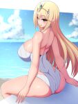  1girl bangs blonde_hair breasts headpiece highres large_breasts long_hair mythra_(radiant_beach)_(xenoblade) mythra_(xenoblade) one-piece_swimsuit ponponmaru ribbed_swimsuit solo strapless strapless_swimsuit striped swept_bangs swimsuit tiara vertical-striped_swimsuit vertical_stripes very_long_hair white_swimsuit xenoblade_chronicles_(series) xenoblade_chronicles_2 yellow_eyes 