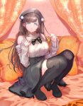  1girl bed bed_sheet black_legwear bow brown_hair curtains detached_sleeves hair_ornament hand_in_hair hand_on_own_chest hat highres long_hair looking_at_viewer meme_attire nail_polish ogamiomi open_mouth parted_lips pillow pink_nails rapunzel_(sinoalice) reality_arc_(sinoalice) sinoalice sitting solo thigh-highs twintails virgin_killer_outfit zettai_ryouiki 