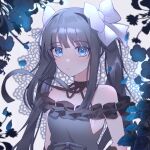  1girl arcaea bangs bare_shoulders black_camisole black_choker black_gloves black_hair black_ribbon blue_eyes blue_flower blunt_bangs bow breasts camisole choker collarbone dress elbow_gloves flower gloves hair_bow highres leaf looking_at_viewer medium_breasts petals ribbon ribbon_choker sidelocks solo strapless strapless_dress tairitsu_(arcaea) twintails upper_body white_bow yagen_(user_mxur3238) 