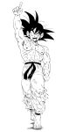  1boy abs arm_at_side arm_up artist_name barefoot belt black_belt black_eyes black_hair blood blood_from_mouth blood_on_face clenched_hand dirty dirty_clothes dirty_face dirty_feet dragon_ball dragon_ball_(classic) dragon_ball_z exhausted facing_viewer fenyon fingernails full_body half-closed_eyes happy highres index_finger_raised male_focus messy_hair monochrome muscular muscular_male nipples official_style open_mouth pants pectorals ribs scar scar_on_chest scratches shadow shirtless simple_background smile son_goku spiky_hair standing toenails toriyama_akira_(style) torn_clothes torn_pants walking white_background 