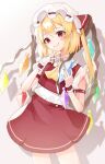  1girl ascot bangs blonde_hair blush bow closed_mouth clothing_cutout cowboy_shot crystal drop_shadow fang flandre_scarlet flat_chest frills hand_up hands_up hat hat_bow highres holding leaning_to_the_side looking_at_viewer mob_cap one_side_up red_bow red_eyes red_skirt red_vest shoulder_cutout skin_fang skirt smile solo suikario touhou vest white_headwear wings wrist_cuffs yellow_neckwear 