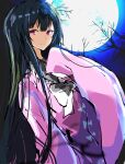  1girl bangs black_hair blunt_bangs bow dutch_angle full_moon highres houraisan_kaguya japanese_clothes krs_(kqrqsi) light_smile long_hair looking_at_viewer moon moonlight night night_sky red_eyes sky sleeves_past_fingers sleeves_past_wrists solo straight_hair touhou upper_body very_long_hair 