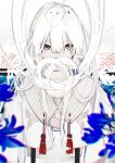  1girl blue_flower chromatic_aberration commentary_request covered_mouth flower hair_between_eyes highres long_hair looking_at_viewer maimuro original shirt solo tassel upper_body white_background white_hair white_shirt 