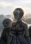  1girl artist_name asymmetrical_hair backlighting bandaged_arm bandages black_bow bow braid breasts detached_sleeves emil_(nier) eyelashes flower hair_flower hair_ornament highres jewelry kaine_(nier) large_breasts lingerie lunar_tear necklace negligee nier nier_(series) underwear white_hair xaeryh 