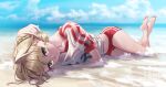  1girl ahoge bangs barefoot beach blonde_hair blue_sky blush braid breasts buruma fate/extra fate_(series) french_braid green_eyes gym_shirt hair_bun hair_intakes hair_ribbon highres large_breasts long_hair looking_at_viewer lying name_tag nero_claudius_(fate) nero_claudius_(fate)_(all) olympian_bloomers red_buruma red_ribbon ribbon shirt short_sleeves sky suryua thighs white_shirt 