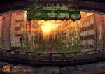  2014 artist_name building clouds commentary_request lamppost no_humans original outdoors overgrown photoshop_(medium) railing road ruins scenery sign signature station street sunset tokyogenso window 
