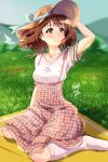  1girl absurdres arm_behind_head blanket blush breasts brown_hair collarbone curly_hair grass hat hibike!_euphonium highres huge_filesize kaije7 kneehighs kyoto_animation looking_to_the_side no_shoes oumae_kumiko outdoors pink_shirt plaid plaid_skirt shadow shirt short_hair sitting skirt small_breasts smile solo sun_hat suspender_skirt suspenders wariza yellow_eyes 
