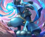  closed_mouth commentary_request energy energy_ball from_below gen_4_pokemon highres kneeling looking_at_viewer lucario orange_eyes pokemon pokemon_(creature) solo yellow_fur yukichi_(tsuknak1) 