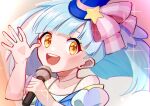 1girl blue_dress blue_hair bow choker dress eyebrows_visible_through_hair hair_ornament hat holding holding_microphone hoshikawa_lily koto_noble_gas looking_at_viewer microphone open_mouth pink_bow pink_choker puffy_short_sleeves puffy_sleeves short_sleeves star_(symbol) star_hair_ornament top_hat transgender yellow_eyes zombie_land_saga