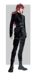  1boy alternate_costume antenna_hair bangs black_footwear black_gloves black_pants boots closed_mouth diluc_(genshin_impact) fingerless_gloves genshin_impact gloves jacket k_young03 long_hair long_sleeves male_focus pants ponytail pouch red_eyes redhead sidelocks solo 
