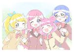  4girls :3 ;d ^_^ ^o^ aoba_rinka blonde_hair blue_eyes blue_hair blue_sky blurry blurry_background blush border bow bowtie braid brown_jacket cardigan closed_eyes collared_shirt commentary crown_braid double_bun earrings eyebrows_visible_through_hair facing_viewer french_braid green_eyes grin happy heart heart_bow heart_tail high_ponytail highres holding_hands jacket jewelry kiracchu_(pri_chan) kirarigaoka_middle_school_uniform kiratto_pri_chan long_hair long_sleeves looking_at_viewer medium_hair miniskirt moegi_emo momoyama_mirai mouse_tail multiple_girls older one_eye_closed open_mouth outdoors photo_(object) pink_bow pink_hair pink_neckwear pleated_skirt ponytail pose pretty_(series) rn10r school_uniform shiny shiny_hair shiny_skin shirt skirt sky smile star_(symbol) star_earrings striped_cardigan tail tree upper_body v violet_eyes waving white_border white_shirt white_skirt white_stripes yellow_cardigan yellow_jacket yellow_stripes 