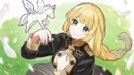  1girl blonde_hair braid feathers fire_emblem fire_emblem:_three_houses garreg_mach_monastery_uniform grass green_eyes hand_on_own_chest highres ingrid_brandl_galatea juria0801 long_hair low-tied_long_hair pegasus smile twitter_username 