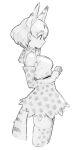  1girl bangs bare_shoulders bow bowtie breasts cropped_legs elbow_gloves extra_ears from_side gloves greyscale high-waist_skirt highres kemono_friends kona_ming medium_breasts monochrome print_gloves print_legwear print_neckwear print_skirt profile serval_(kemono_friends) serval_print shirt short_hair simple_background skirt sleeveless sleeveless_shirt smile solo thigh-highs white_background 