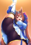  1girl animal_ears bike_shorts black_shorts breasts center_frills daiwa_scarlet_(umamusume) flexible frills hair_between_eyes hair_intakes horse_ears horse_girl horse_tail large_breasts layered_legwear leg_lift leg_up long_hair long_sleeves looking_at_viewer moke_ro open_mouth orange_background shorts skindentation smile solo split standing standing_on_one_leg standing_split tail thigh-highs tiara twintails umamusume underbust very_long_hair 