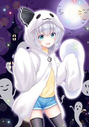  1girl absurdres bat black_legwear blue_eyes blush bow dark_background eyebrows_visible_through_hair ghost hair_ornament halloween highres jack-o&#039;-lantern konpaku_youmu konpaku_youmu_(ghost) looking_at_viewer moon night one-hour_drawing_challenge open_mouth poncho reimei_(r758120518) ribbon short_hair short_shorts shorts solo thigh-highs touhou zettai_ryouiki 