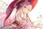  1girl bare_shoulders flower hair_flower hair_ornament japanese_clothes kimono mugicho_(kdks5554) original pink_kimono umbrella yellow_eyes 