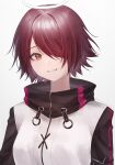  1girl arknights black_sleeves commentary exusiai_(arknights) hair_over_one_eye halo highres jacket looking_at_viewer portrait redhead short_hair simple_background smile solo suiu_aaa8 twitter_username white_background white_jacket yellow_eyes 