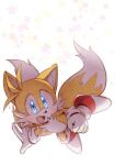  1boy :d blue_eyes blush fang floating fox_boy fox_tail furry gloves happy looking_at_viewer male_focus misuta710 multiple_tails open_mouth simple_background smile solo sonic_(series) star_(symbol) tail tails_(sonic) two_tails white_background white_gloves 