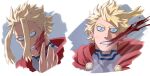  1boy all_might blonde_hair blood blood_on_face blue_eyes boku_no_hero_academia bruise cape clenched_teeth covered_collarbone english_commentary fang highres injury male_focus multiple_views portrait red_cape spiky_hair teeth trevo_(trevoshere) white_background 