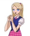 anime_coloring artist_request bangs barbie_(character) barbie_(franchise) barbie_movies barbie_princess_charm_school blair_(barbie) blonde_hair blue_eyes blue_vest collared_shirt crossover dangan_ronpa_(series) hairband half_updo hands_together hands_up miniskirt necktie nervous open_mouth parody parted_bangs pink_hairband pink_skirt plaid plaid_skirt puffy_short_sleeves puffy_sleeves school_uniform shirt short_sleeves side_ponytail skirt source_request style_parody surprised vest white_background white_shirt wide-eyed 