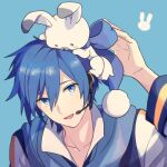  1boy akiyoshi_(tama-pete) animal animal_on_head blue_background blue_eyes blue_hair blue_neckwear blue_ribbon blue_scarf blue_theme blush_stickers bunny_on_head close-up coat collarbone face facing_viewer hair_between_eyes hand_up head_tilt headset high_collar kaito_(vocaloid) light_smile looking_at_animal looking_up lowres male_focus on_head parted_lips pom_pom_(clothes) rabbit rabbit_yukine ribbon scarf shiny shiny_hair simple_background tsurime upper_body vocaloid white_coat 