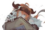  1girl adjusting_clothes adjusting_headwear ahoge aqua_eyes arknights black_jacket chinese_commentary closed_mouth cow_horns croissant_(arknights) erhuo fur-trimmed_jacket fur_trim gloves hair_between_eyes holding holding_shield horns jacket long_hair looking_at_viewer one_eye_closed orange_hair ponytail shield simple_background smile solo upper_body visor white_background white_gloves 