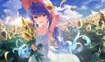  1girl :d amamiya_kokoro arm_up bangs blue_hair blue_sky blush brown_eyes clouds commentary day dress dutch_angle eyebrows_visible_through_hair fang field flower flower_field hair_between_eyes hand_on_headwear hat hat_flower highres holding holding_flower long_hair looking_at_viewer nijisanji open_mouth outdoors skin_fang sky sleeveless sleeveless_dress smile solo sun_hat sundress sunflower t6_ti twintails very_long_hair virtual_youtuber white_dress yellow_headwear 