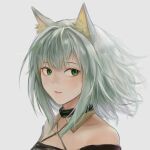  1girl absurdres ahong animal_ear_fluff animal_ears arknights bangs bare_shoulders black_choker cat_ears choker collarbone commentary_request criss-cross_halter face from_side green_eyes green_hair grey_background halterneck highres kal&#039;tsit_(arknights) light_smile lips looking_at_viewer medium_hair parted_lips simple_background solo upper_body 