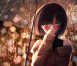  1girl artist_name bangs black_shirt blurry blurry_background blush brown_hair brown_jacket commentary_request earrings grey_eyes hand_to_own_mouth highres jacket jewelry looking_at_viewer off-shoulder_jacket off_shoulder original shirt short_hair sidelocks sleeveless solo tsukiyono umbrella 