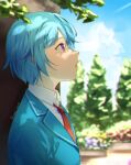  1boy against_tree artist_name bangs blue_hair blurry blush collared_shirt depth_of_field ensemble_stars! from_side green_jacket jacket male_focus meipoi necktie open_mouth outdoors profile red_neckwear school_uniform shino_hajime shirt short_hair solo tree upper_body violet_eyes 