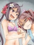  1other 2girls akebono_(kancolle) akino_shuu animal bell bikini blush clenched_teeth collarbone eyebrows_visible_through_hair flower hair_bell hair_between_eyes hair_bobbles hair_flower hair_ornament jingle_bell kantai_collection long_hair multiple_girls navel open_mouth pet pink_eyes pink_flower pink_hair purple_bikini purple_hair rabbit sazanami_(kancolle) shaded_face short_hair side_ponytail swimsuit teeth twintails twitter_username upper_body violet_eyes white_flower 