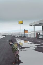  1girl absurdres bangs black_hair black_legwear blue_shirt car day gas_station green_jacket grey_sky ground_vehicle highres jacket long_hair motor_vehicle original outdoors pantyhose purple_skirt red_footwear reflection road shirt shoes skirt solo standing water wide_shot www_(201548) 