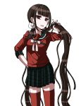  1girl alternate_hair_ornament bangs bear_hair_ornament black_skirt blunt_bangs bow bracelet breasts brown_hair commentary_request dangan_ronpa_(series) dangan_ronpa_v3:_killing_harmony grey_background hair_ornament hand_on_hip hand_up harukawa_maki holding holding_hair jewelry jian_jing long_hair long_sleeves looking_at_viewer low_twintails medium_breasts mole mole_under_eye open_mouth plaid plaid_skirt pleated_skirt red_eyes red_legwear red_scrunchie red_shirt sailor_collar school_uniform scrunchie serafuku shirt skirt smile solo thigh-highs twintails upper_teeth white_bow zettai_ryouiki 